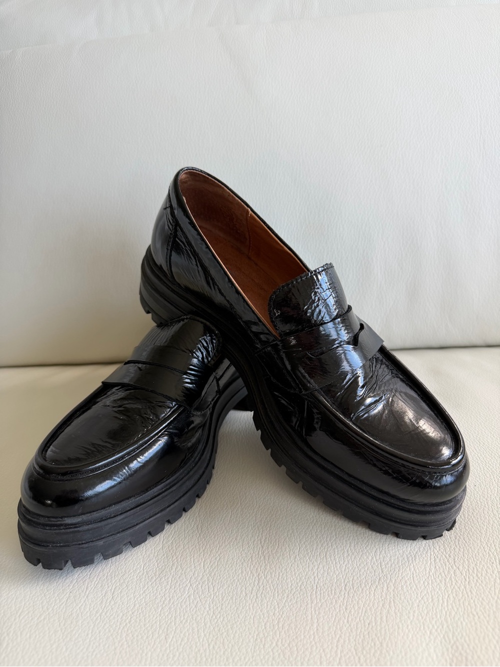 Miz Mooz Black Patent Leather Lug Sole Loafers